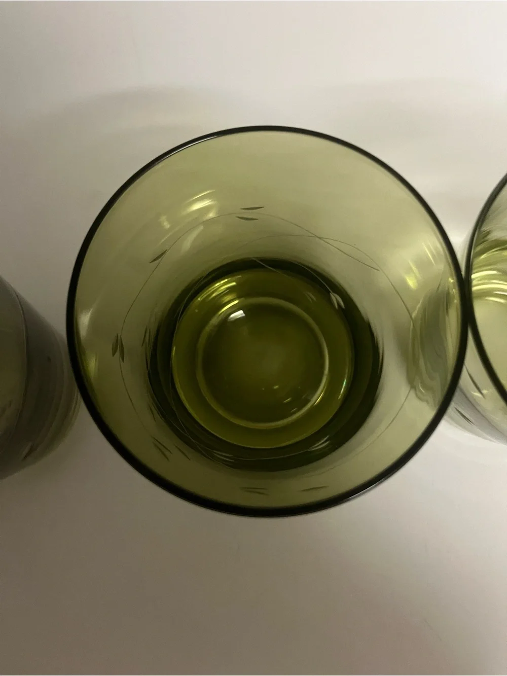 Set of 4 Vintage Olive Green Etched Leaf Rocks Glasses Tumblers Mid Century